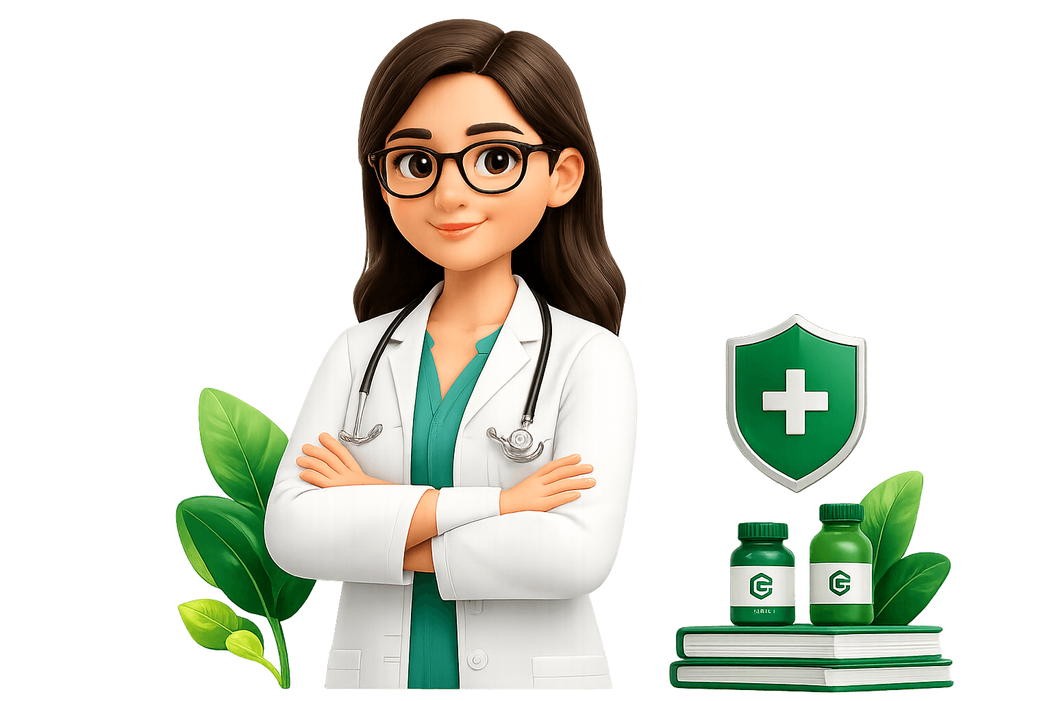 Healthcare expert illustration with medical shield and medicines
